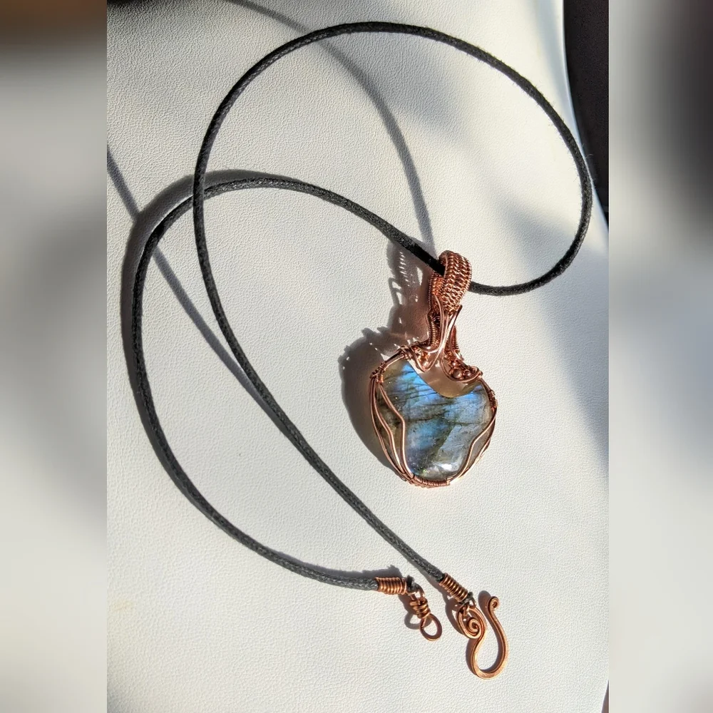 Ethereal Moon Pendant-Artisan-Blue Labradorite Gemstone-Copper Wire Wrap - Picture 12 of 17